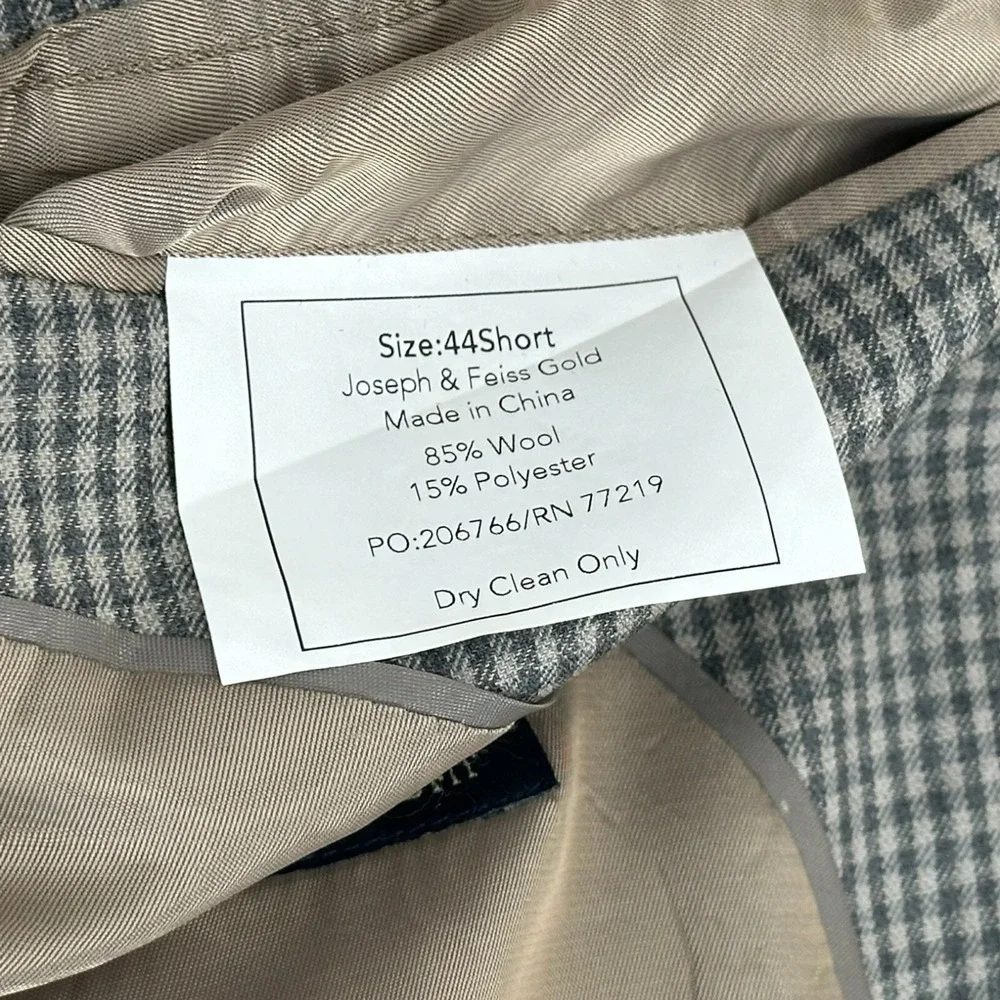 Joseph & Feiss Gold‎ Blazer Mens 44 SHORT Gray Check Single Breasted Wool Blend